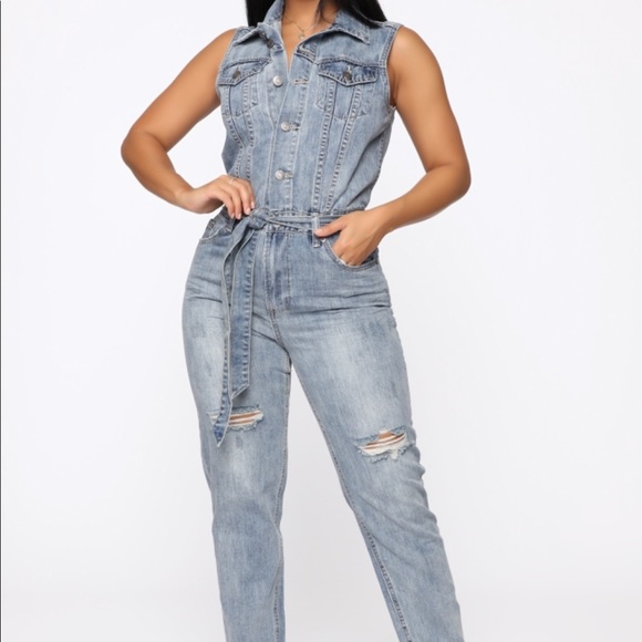 waist belt denim jumpsuit